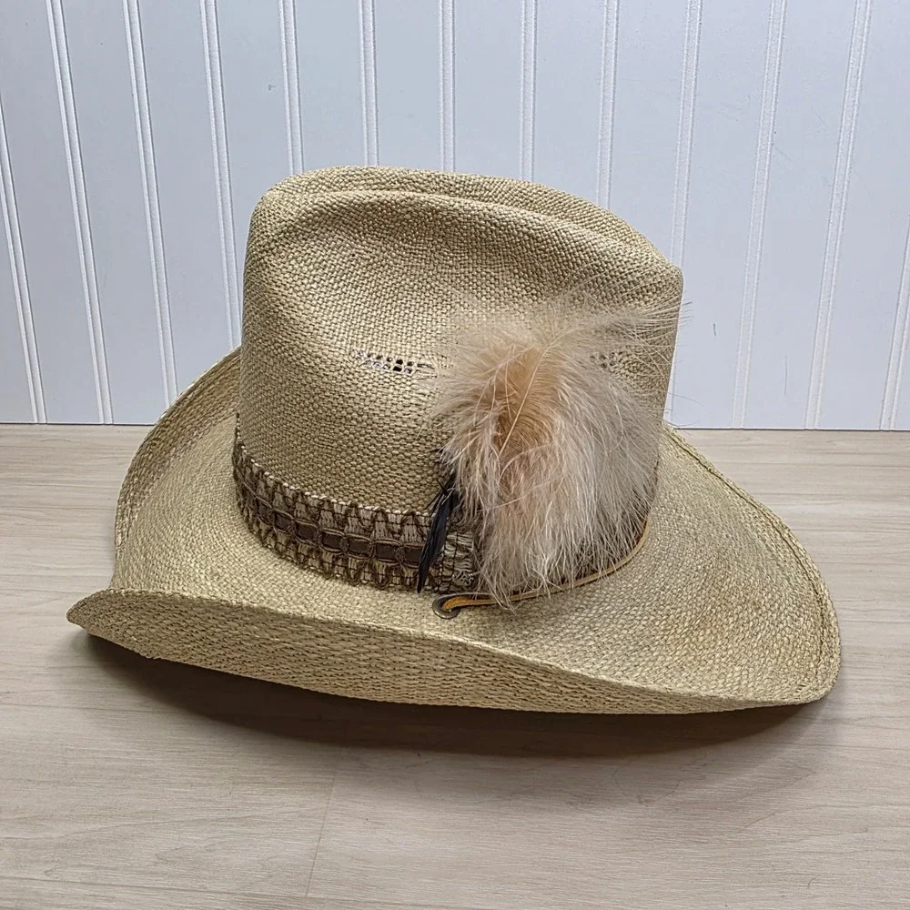 Stetson Roadrunner Straw Cowboy Hat Tan Bryantcote Finish Feather Mens Size 7